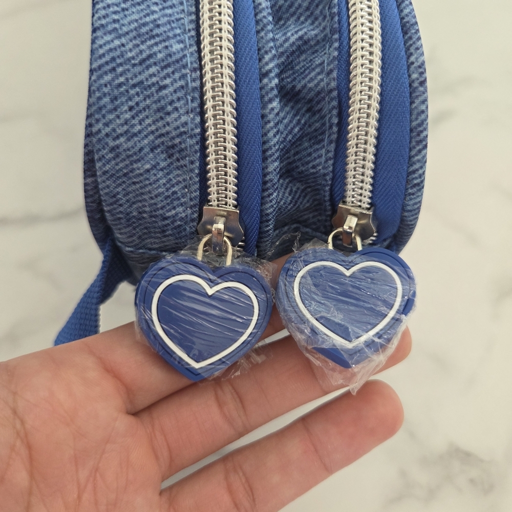 Y2K Blue Denim Cosmetic Travel Pouch Double Zipper Pencil Case Emoji Patches - Picture 9 of 14